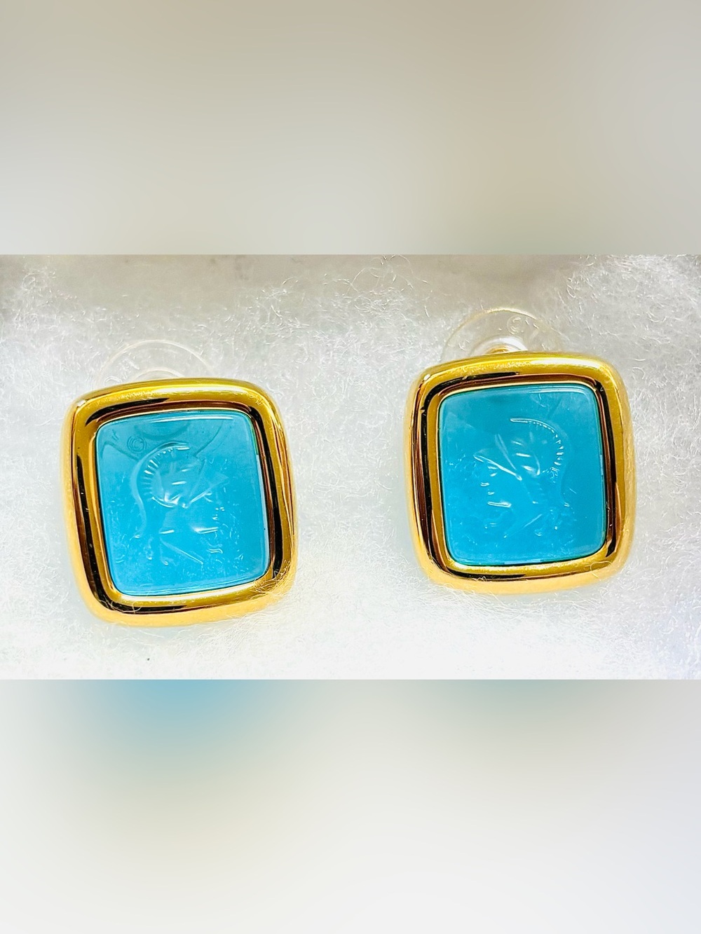 Vintage Monet Gold Tone Blue Glass Intaglio Roman Warrior Earrings